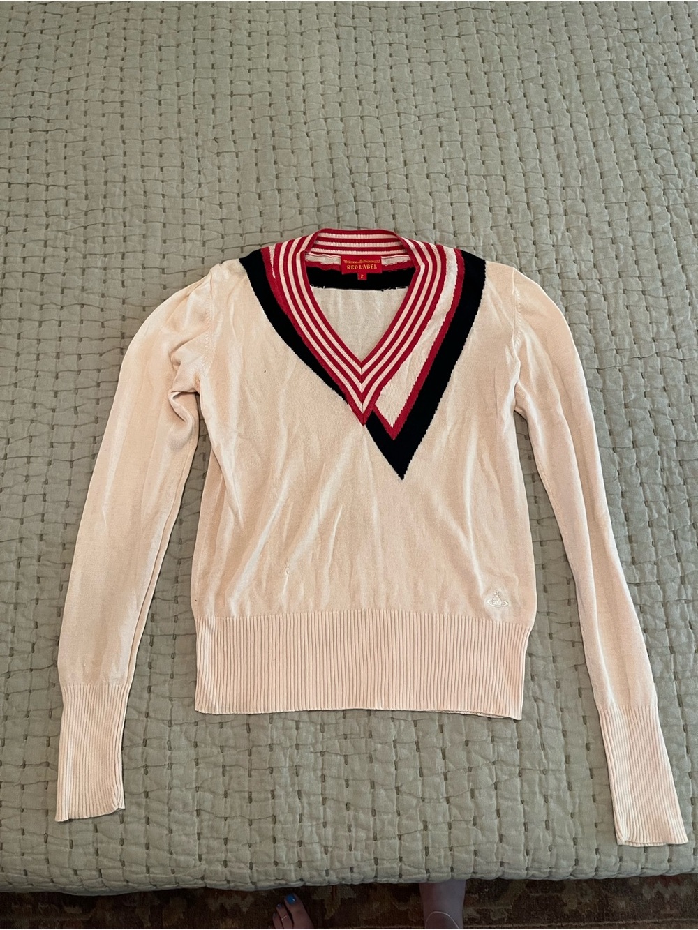 Vivienne Westwood Cream V-Neck Sweater with Red and Navy Trim